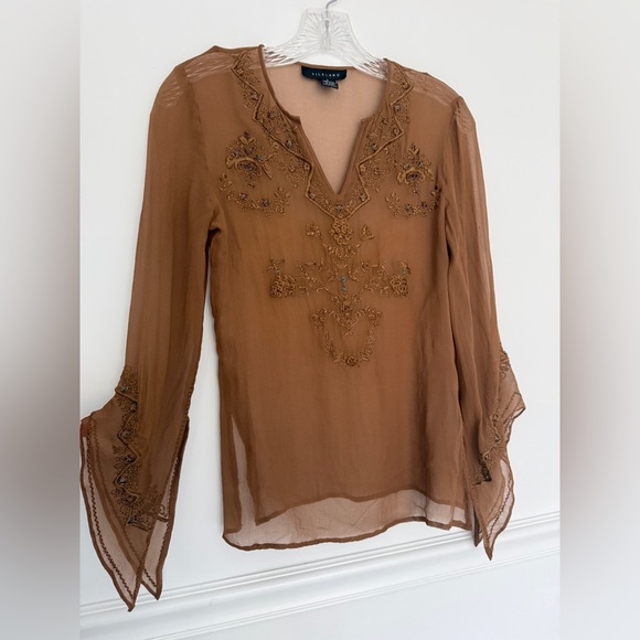 Vintage 100% Silk sheer tan fairycore boho Blouse Beaded Flutter Sleeves Top S - Picture 10 of 10